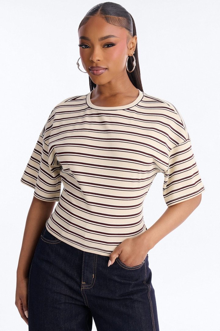 Street Ease Striped Sinched Waist T-Shirt - Brown/combo