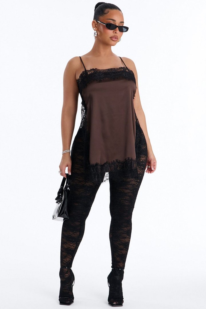 No Filter Needed Lace Trim Satin Top - Brown/combo