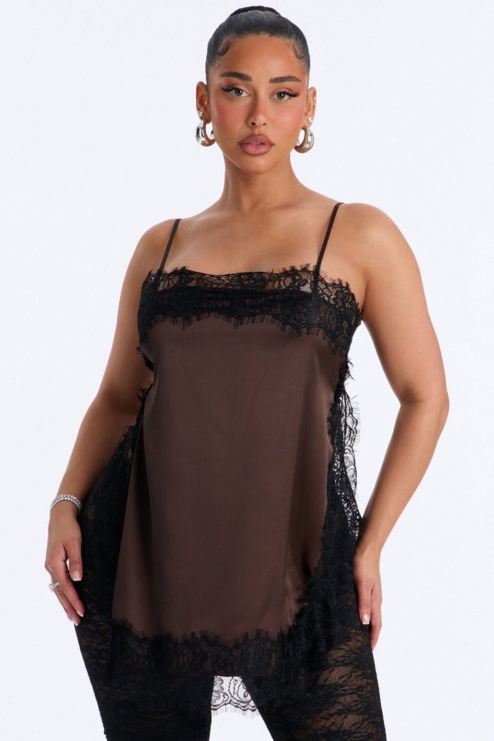 No Filter Needed Lace Trim Satin Top - Brown/combo