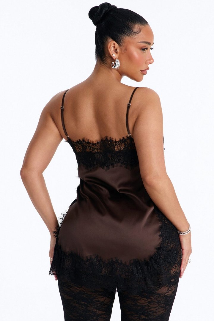 No Filter Needed Lace Trim Satin Top - Brown/combo