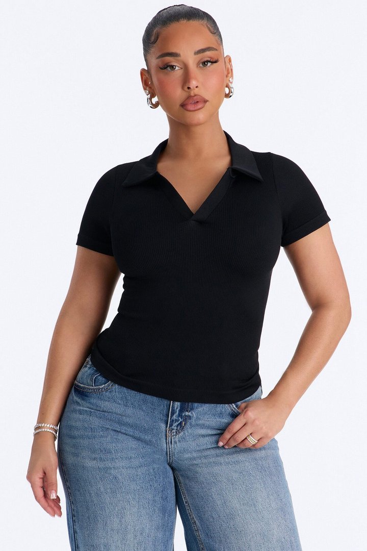 Evie Seamless Basic Polo Top - Black