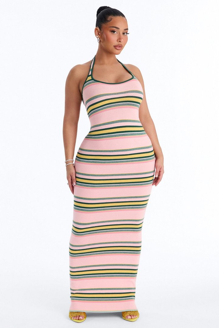 Bennie Halter Striped Sweater Maxi Dress - Pink/combo