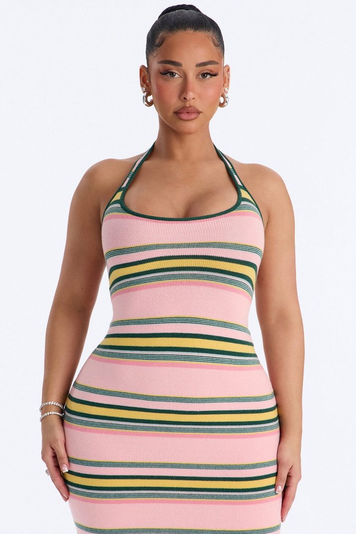Bennie Halter Striped Sweater Maxi Dress - Pink/combo