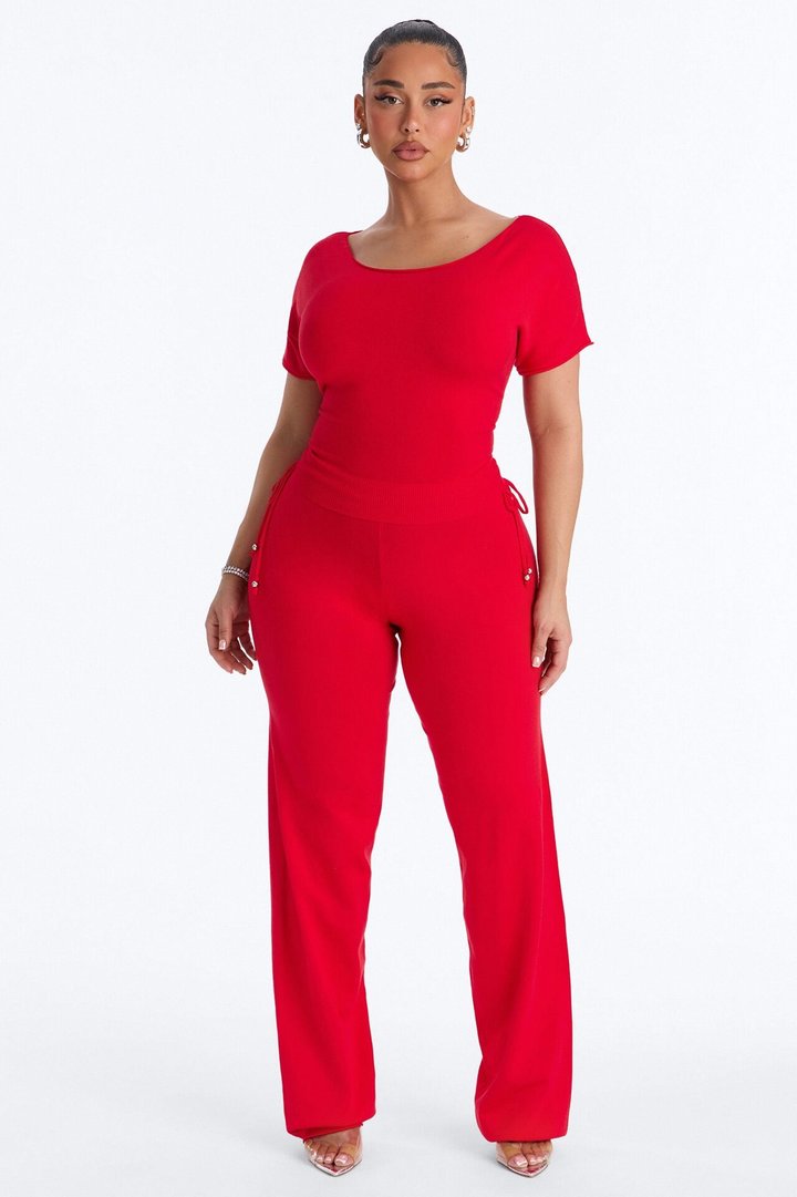 Catelyn Sweater Knit Off Shoulder Pant Set - Red