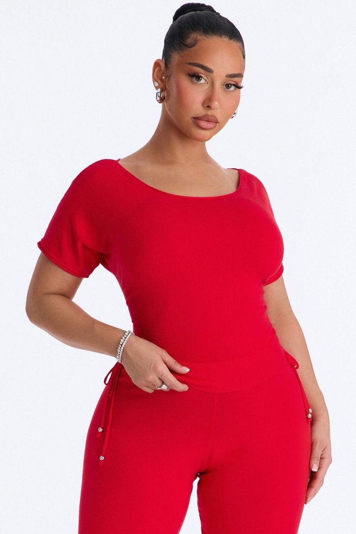 Catelyn Sweater Knit Off Shoulder Pant Set - Red
