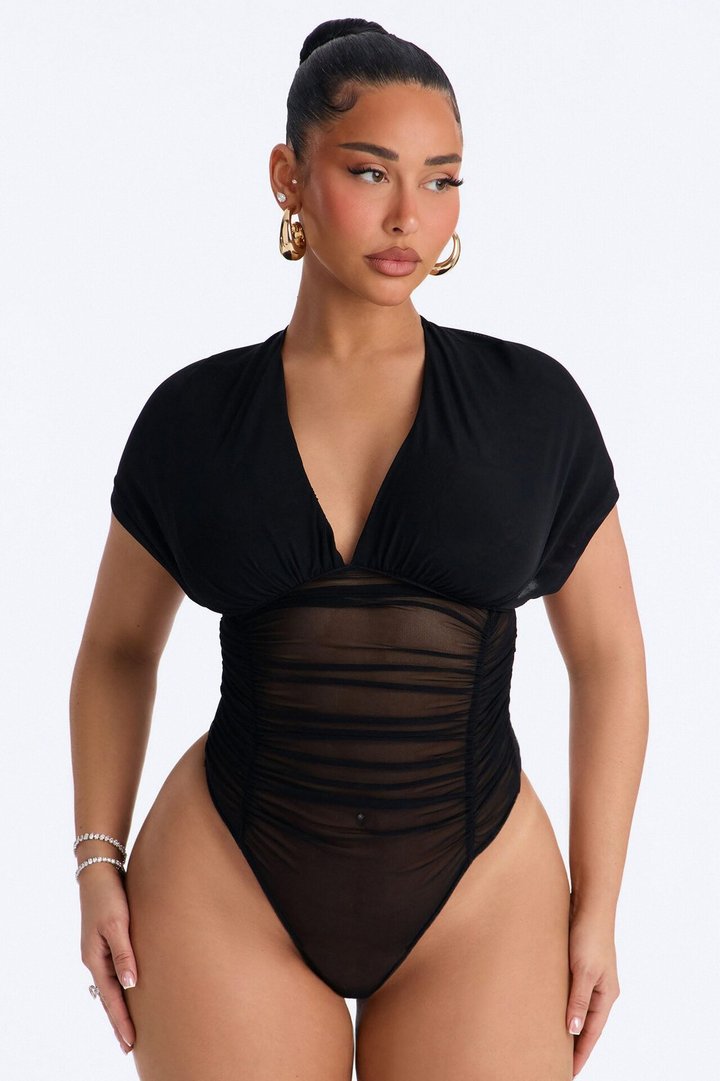 Leilani Sheer Mesh Ruched Short Sleeve Bodysuit - Black