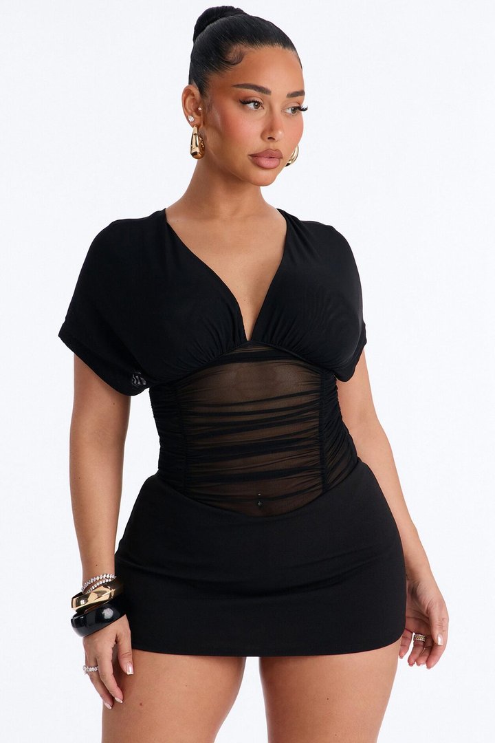 Leilani Sheer Mesh Ruched Short Sleeve Bodysuit - Black