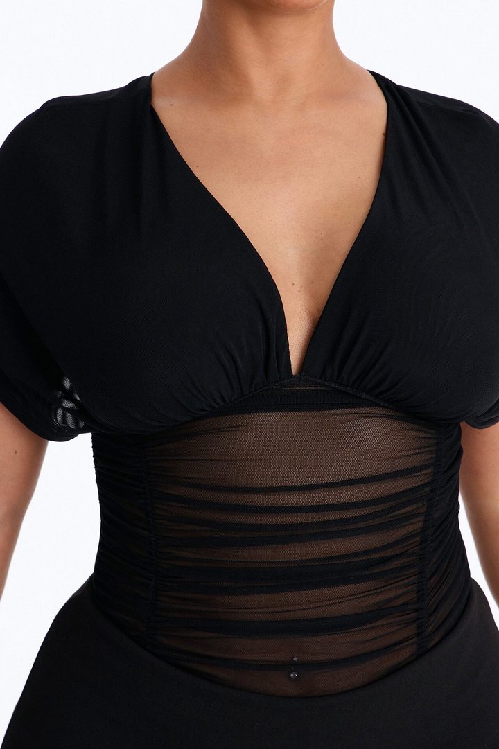 Leilani Sheer Mesh Ruched Short Sleeve Bodysuit - Black