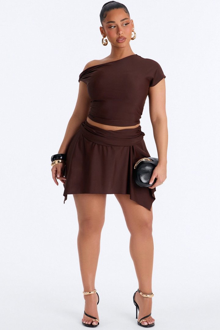 Gabriella Off Shoulder Asymmetrical Skirt Set - Brown