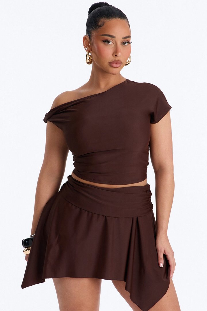 Gabriella Off Shoulder Asymmetrical Skirt Set - Brown