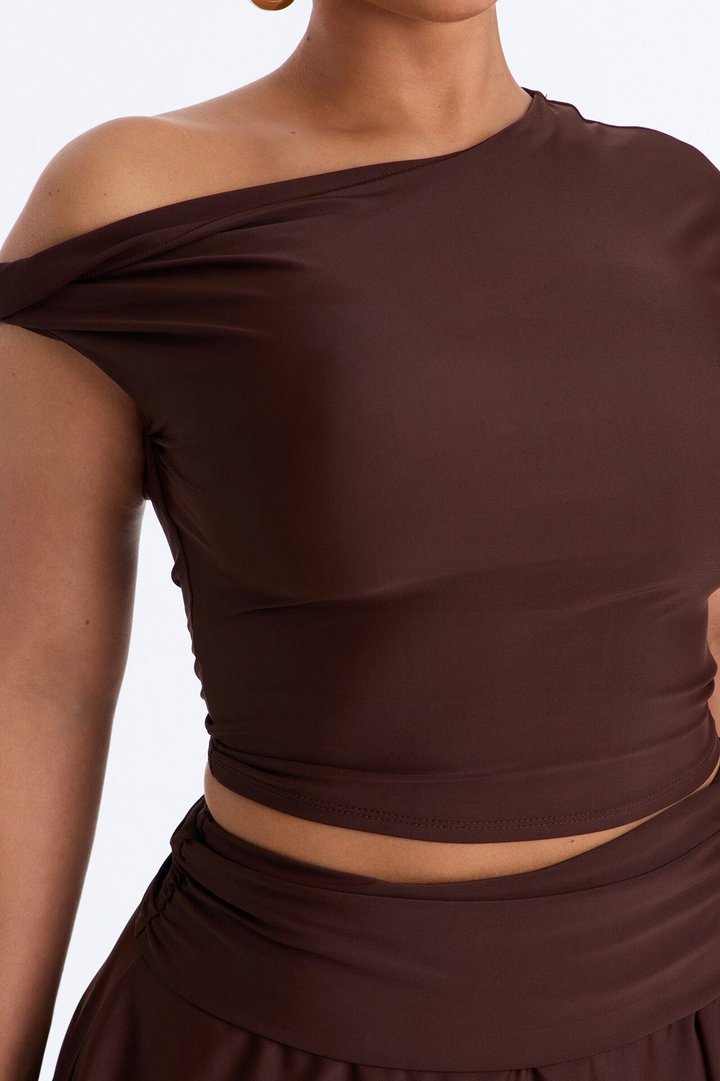Gabriella Off Shoulder Asymmetrical Skirt Set - Brown