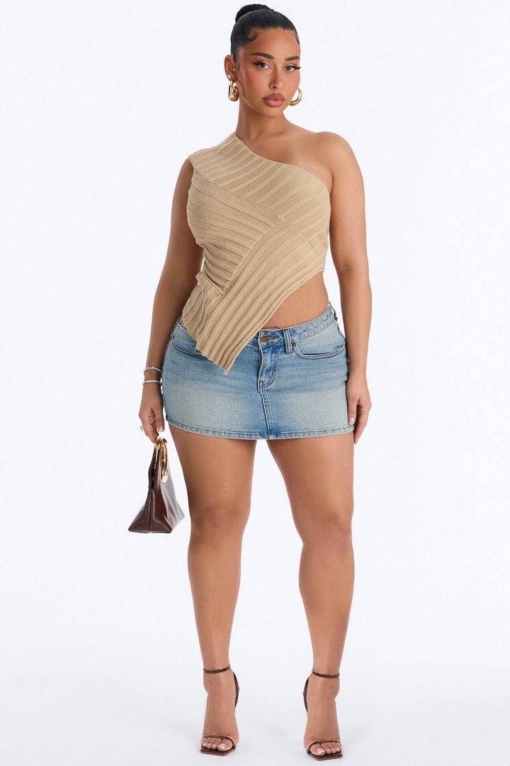 Amaya One Shoulder Sweater Top - Stone