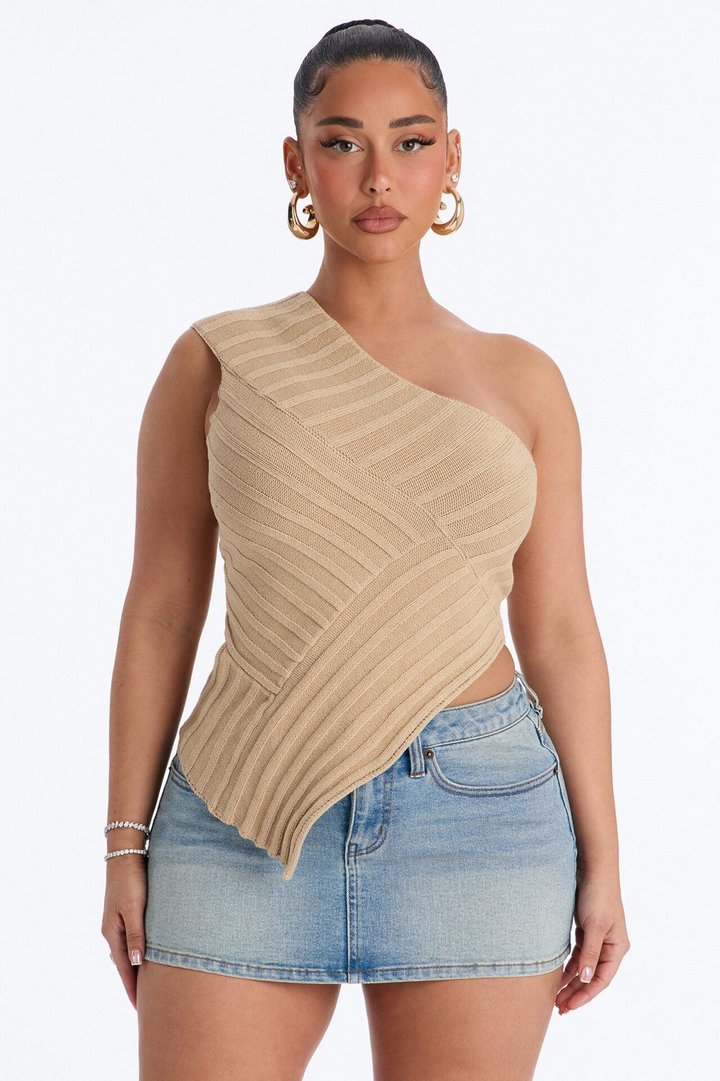 Amaya One Shoulder Sweater Top - Stone