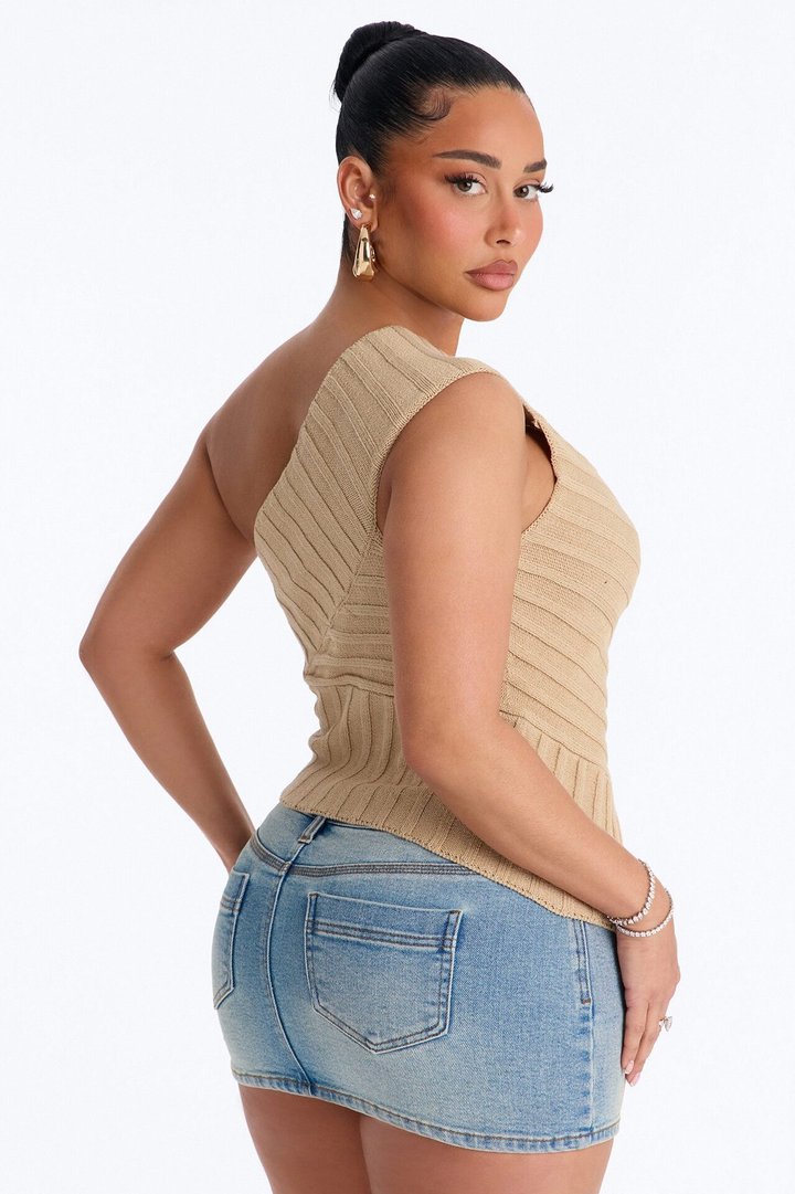 Amaya One Shoulder Sweater Top - Stone