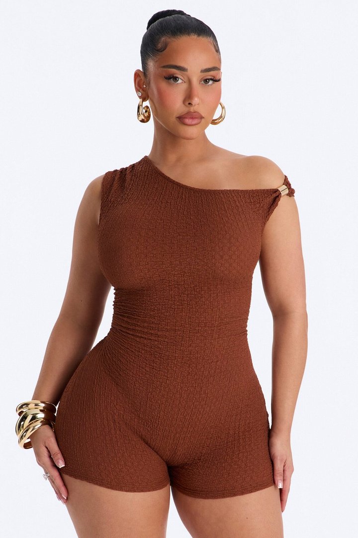 Kaya Textured Off Shoulder Micro Romper - Chocolate