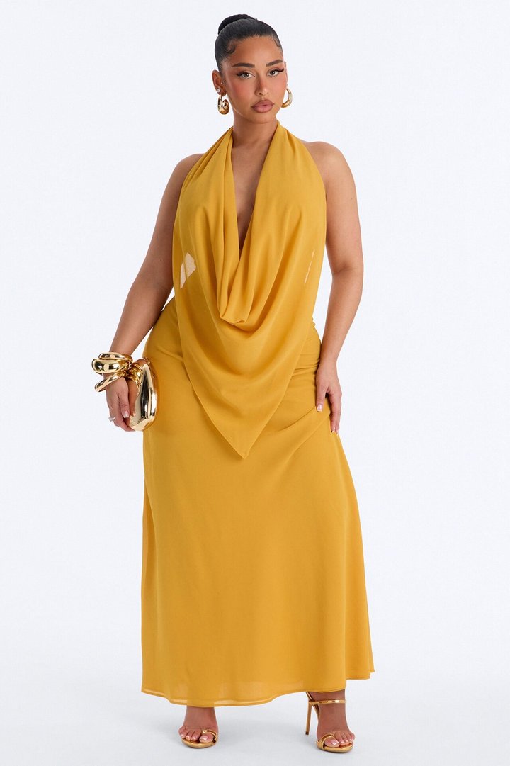 Indyah Draped Chiffon Maxi Dress - Mustard