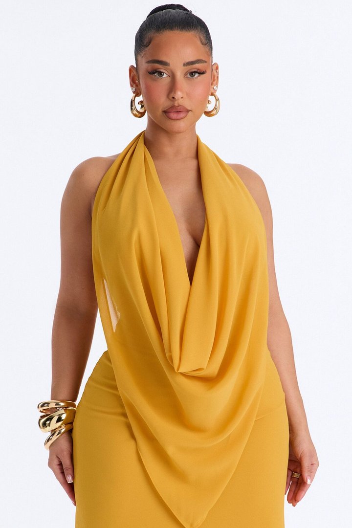 Indyah Draped Chiffon Maxi Dress - Mustard