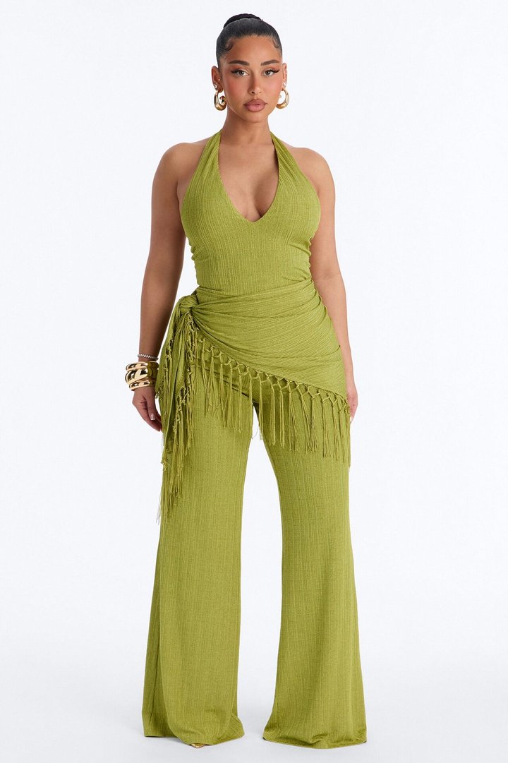Too Chic Jumpsuit And Waist Scarf Set - Chartreuse