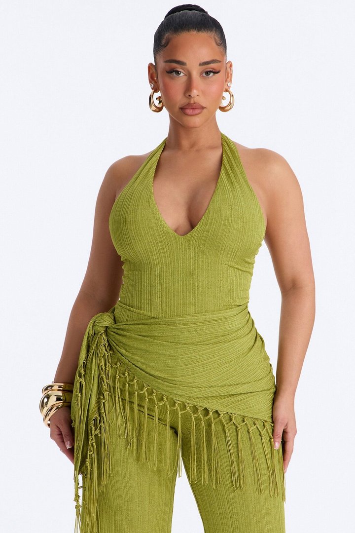 Too Chic Jumpsuit And Waist Scarf Set - Chartreuse