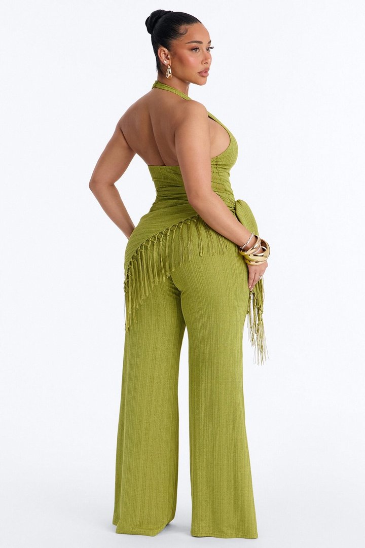 Too Chic Jumpsuit And Waist Scarf Set - Chartreuse