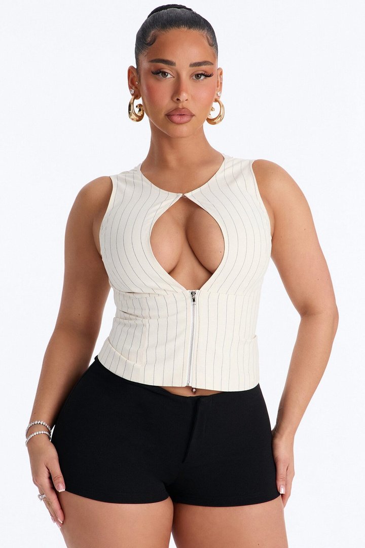 City Heart Front Zip Pinstripe Linen Top - Cream/combo