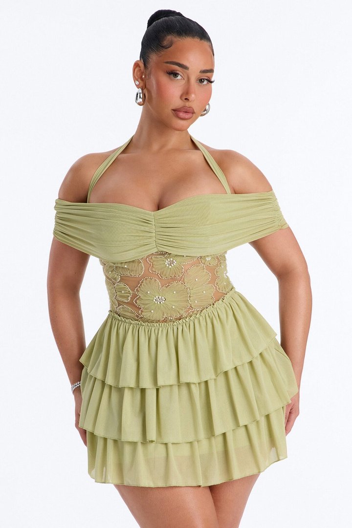 Remi Ruffle Beaded Mesh Mini Dress - Sage