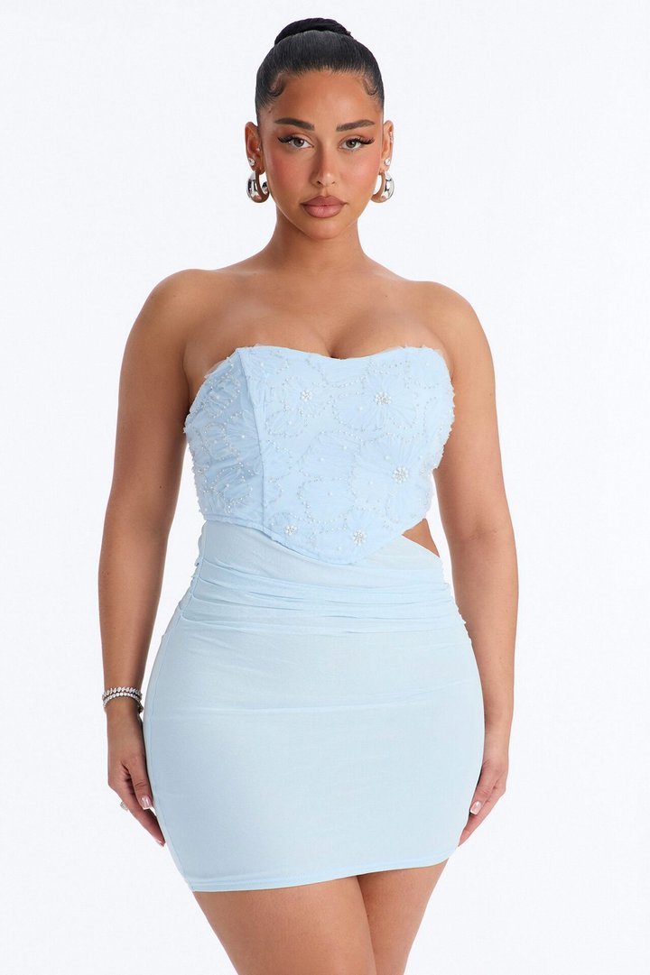 Daniella Embellished Mesh Mini Dress - Light Blue