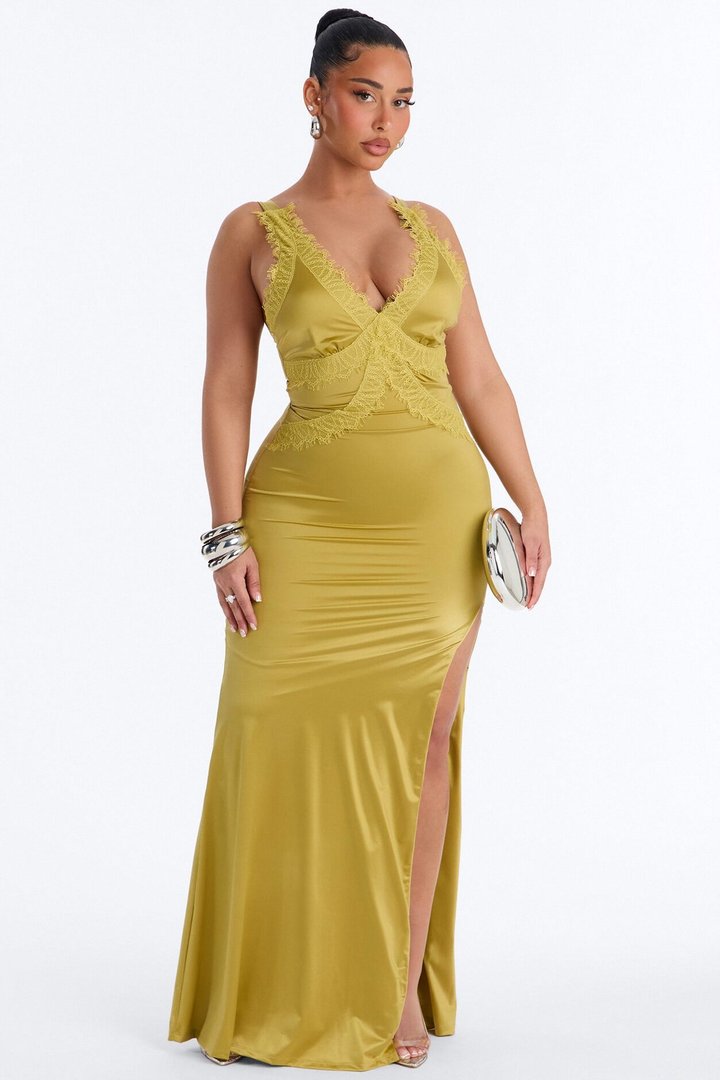 Thea Lace Satin Maxi Dress - Olive