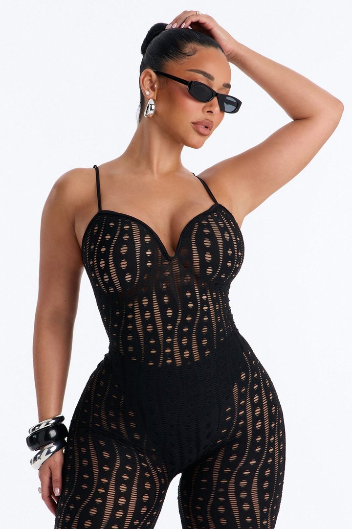 Mariyana Fishnet Skinny Leg Jumpsuit - Black