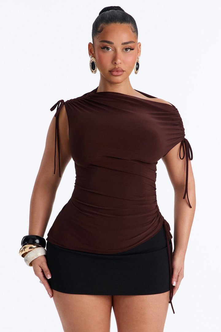 Taylor Drawstring Asymmetrical Short Sleeve Top - Chocolate