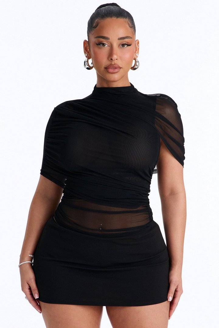 Kendall Mesh Mock Neck Short Sleeve Top - Black