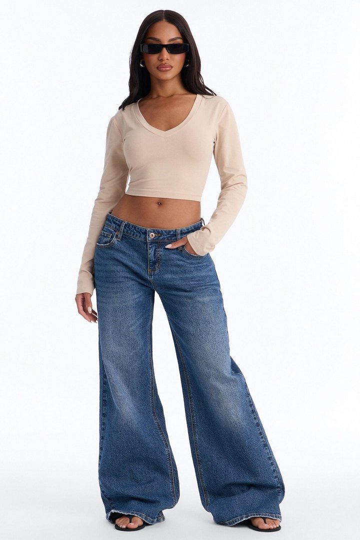 Carly V Neck Crop Long Sleeve Tee - Stone