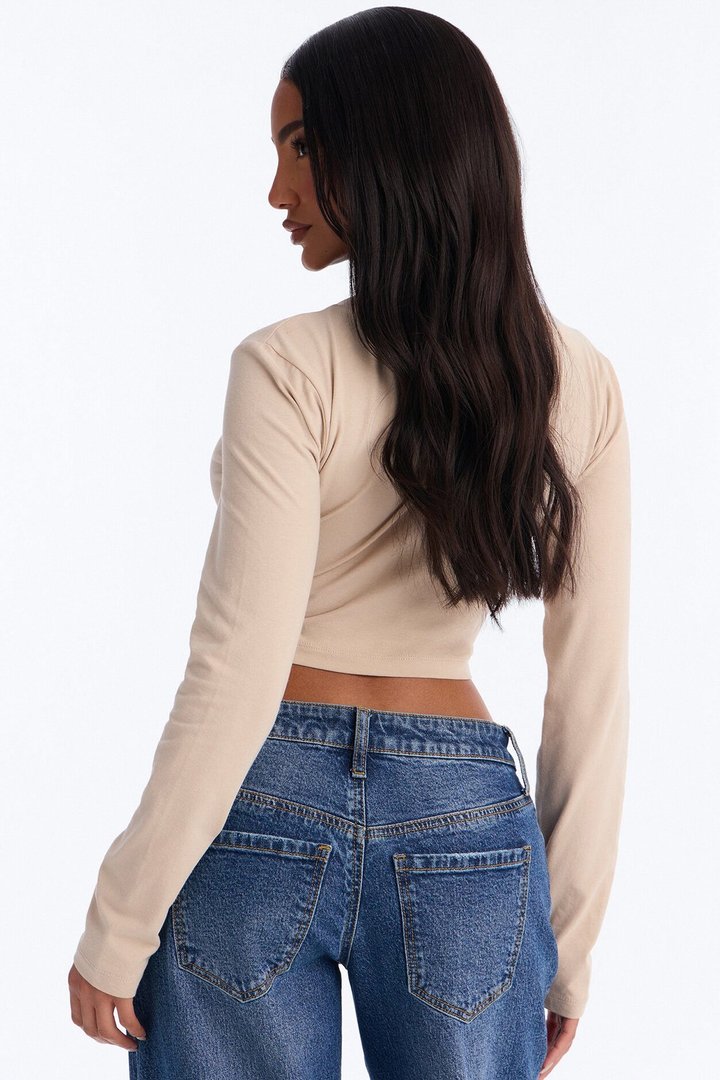 Carly V Neck Crop Long Sleeve Tee - Stone