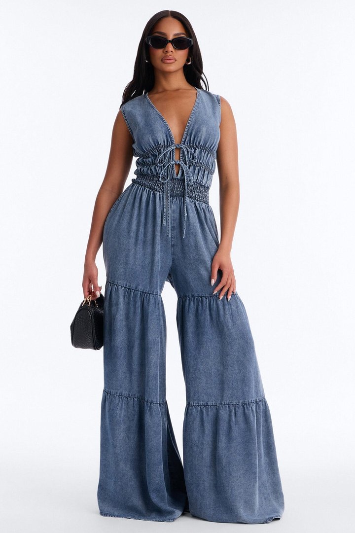 Hazel Plunge Neck Denim Jumpsuit - Light Wash