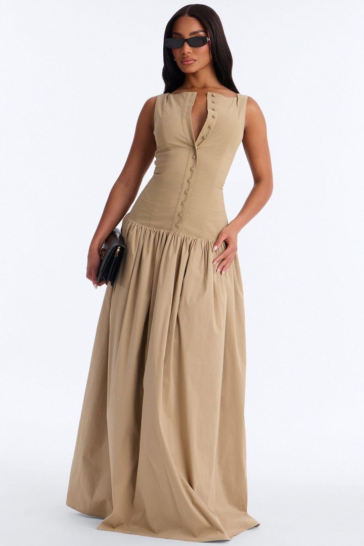 Everly Drop Waist Button Up Maxi Dress - Taupe