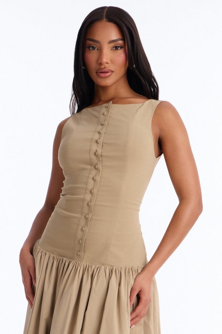 Everly Drop Waist Button Up Maxi Dress - Taupe