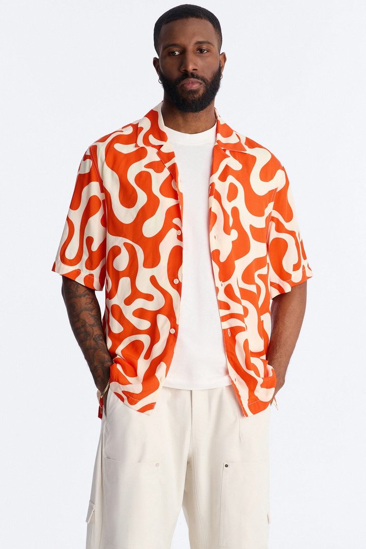 Bold Metric Cuban Shirt - Orange