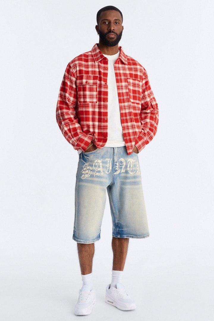 Relaxed Saints Embellished Denim Shorts - Light Blue Wash