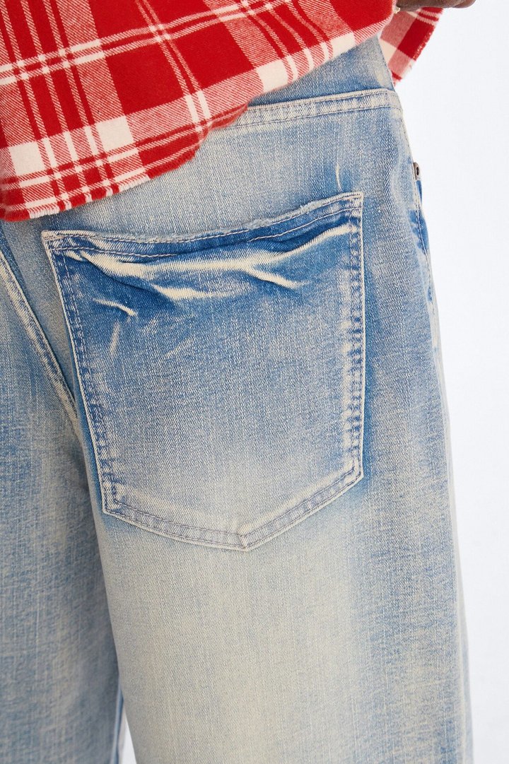 Relaxed Saints Embellished Denim Shorts - Light Blue Wash