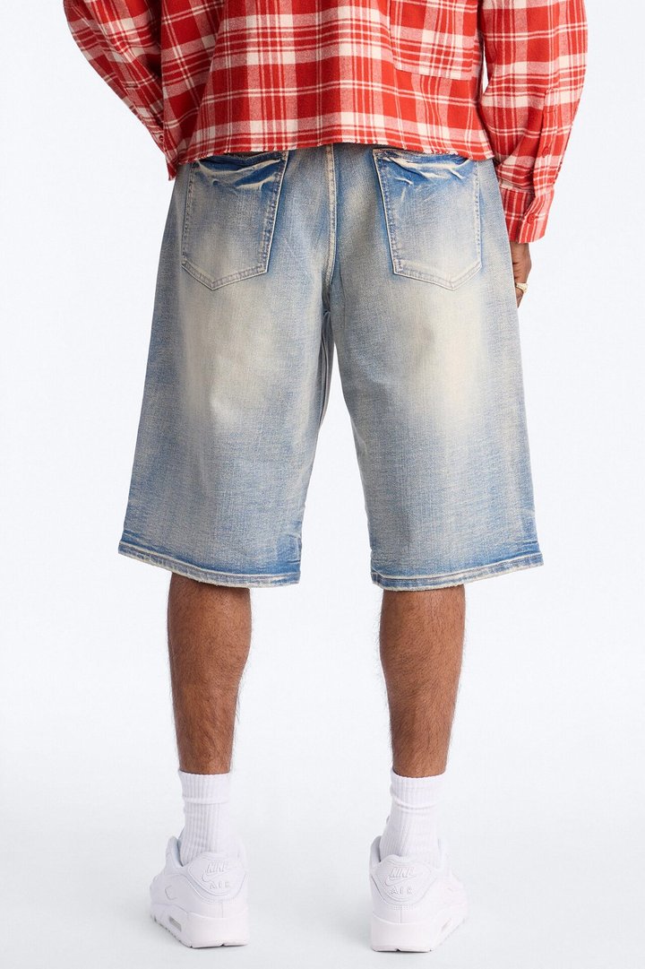 Relaxed Saints Embellished Denim Shorts - Light Blue Wash