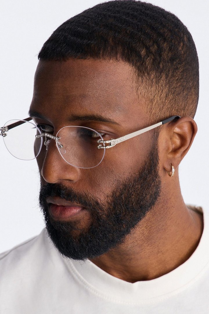 Embellished Round Frameless Metal Sunglasses - Silver