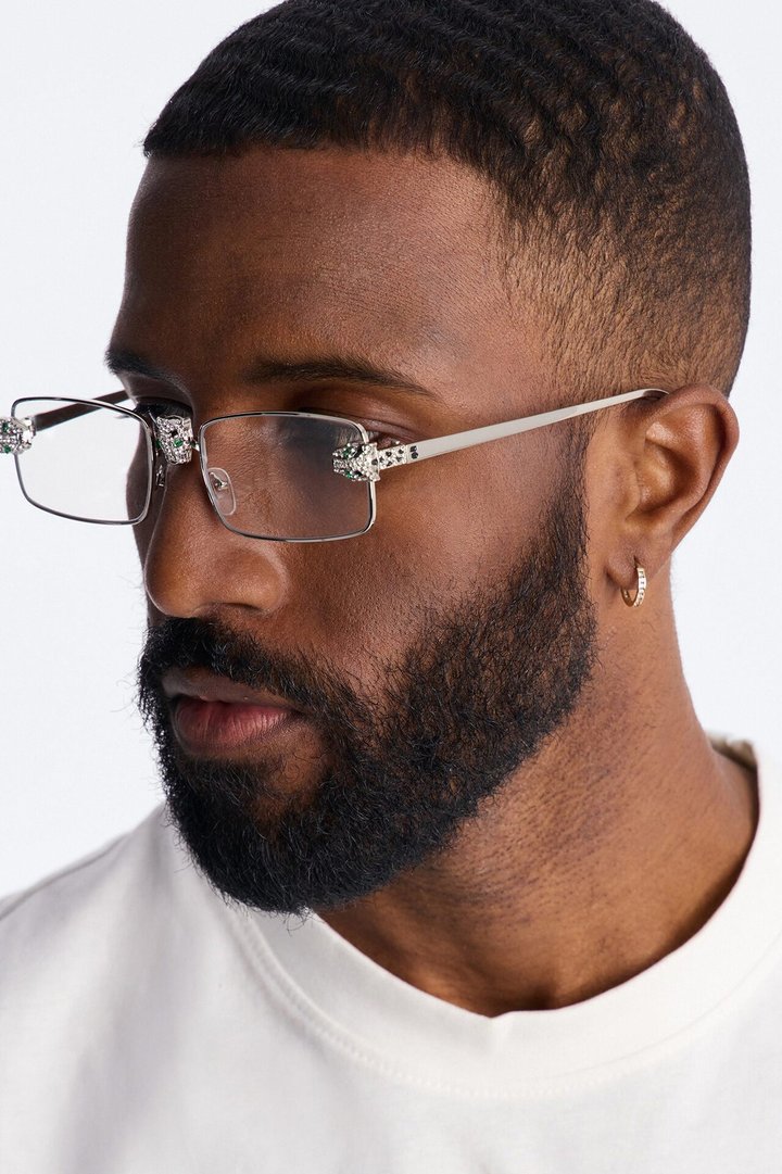 Iced Panther Rectangle Metal Sunglasses - Silver