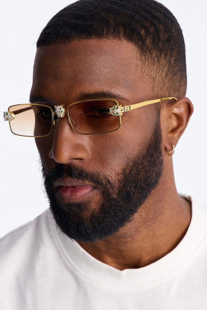 Iced Panther Rectangle Metal Sunglasses - Gold/Brown