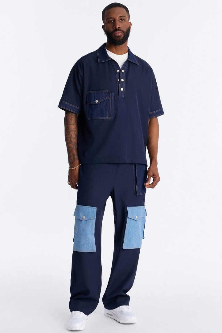 Baggy Blueprint Contrast Cargo Pant - Indigo
