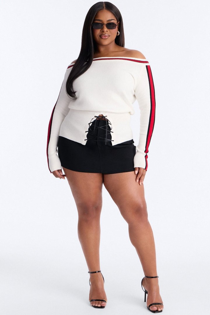 All You Need Off Shoulder Lace Up Sweater Top - White/combo
