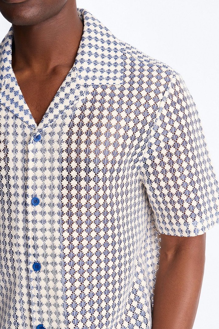 Skypuff Cloud Short Sleeve Cuban Collar Button Up Shirt - Blue