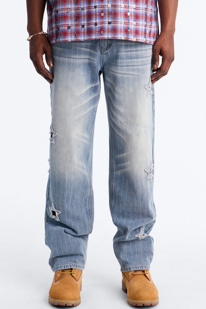 Relaxed Straight Fragmented Star Gaze Jean - Vintage Blue Wash