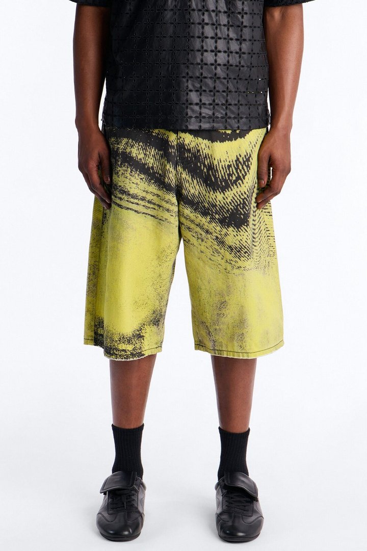 Baggy All The Wavez Printed Denim Short - Neon Yellow