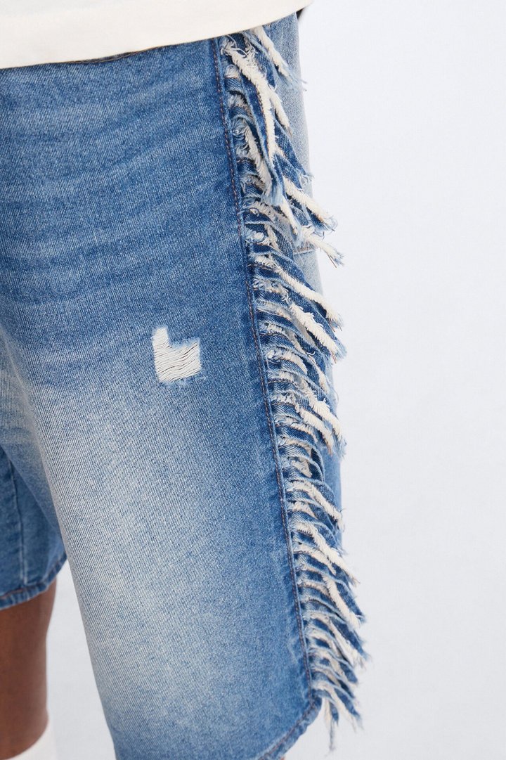 Baggy Rodeo Fringe Denim Short - Vintage Blue Wash