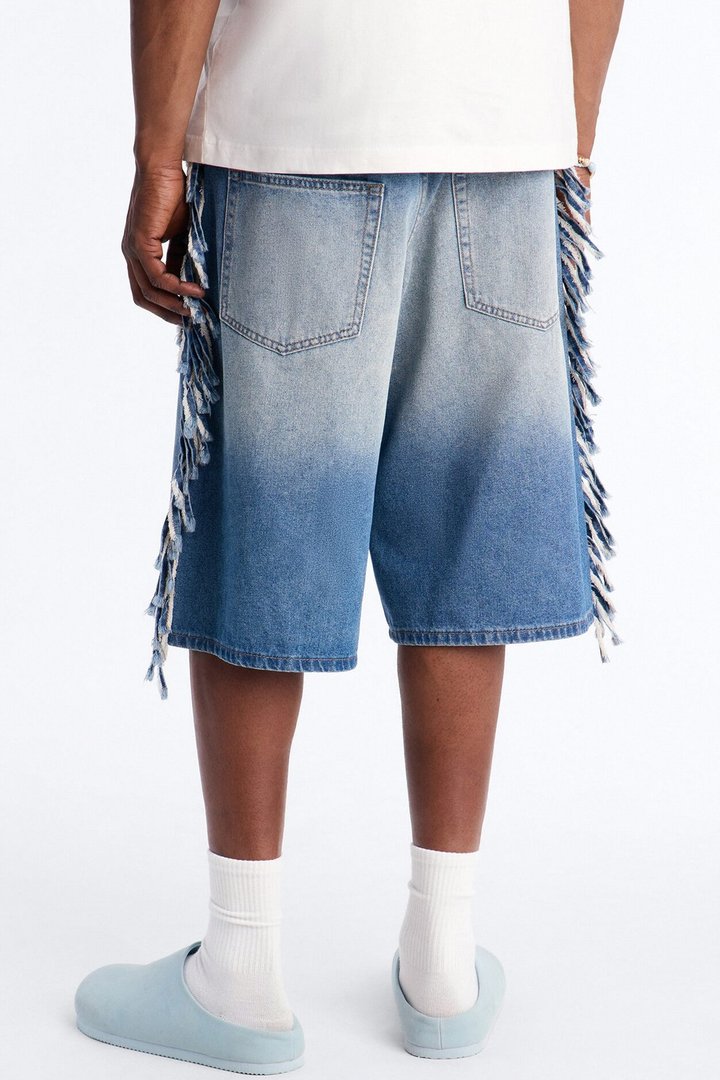 Baggy Rodeo Fringe Denim Short - Vintage Blue Wash